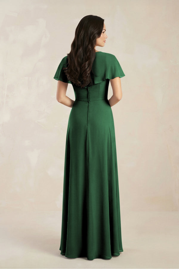 A - Line Short Sleeve Chiffon V - Neck Bridesmaid Dress in Dark Green - KissProm Bridesmaid Dresses