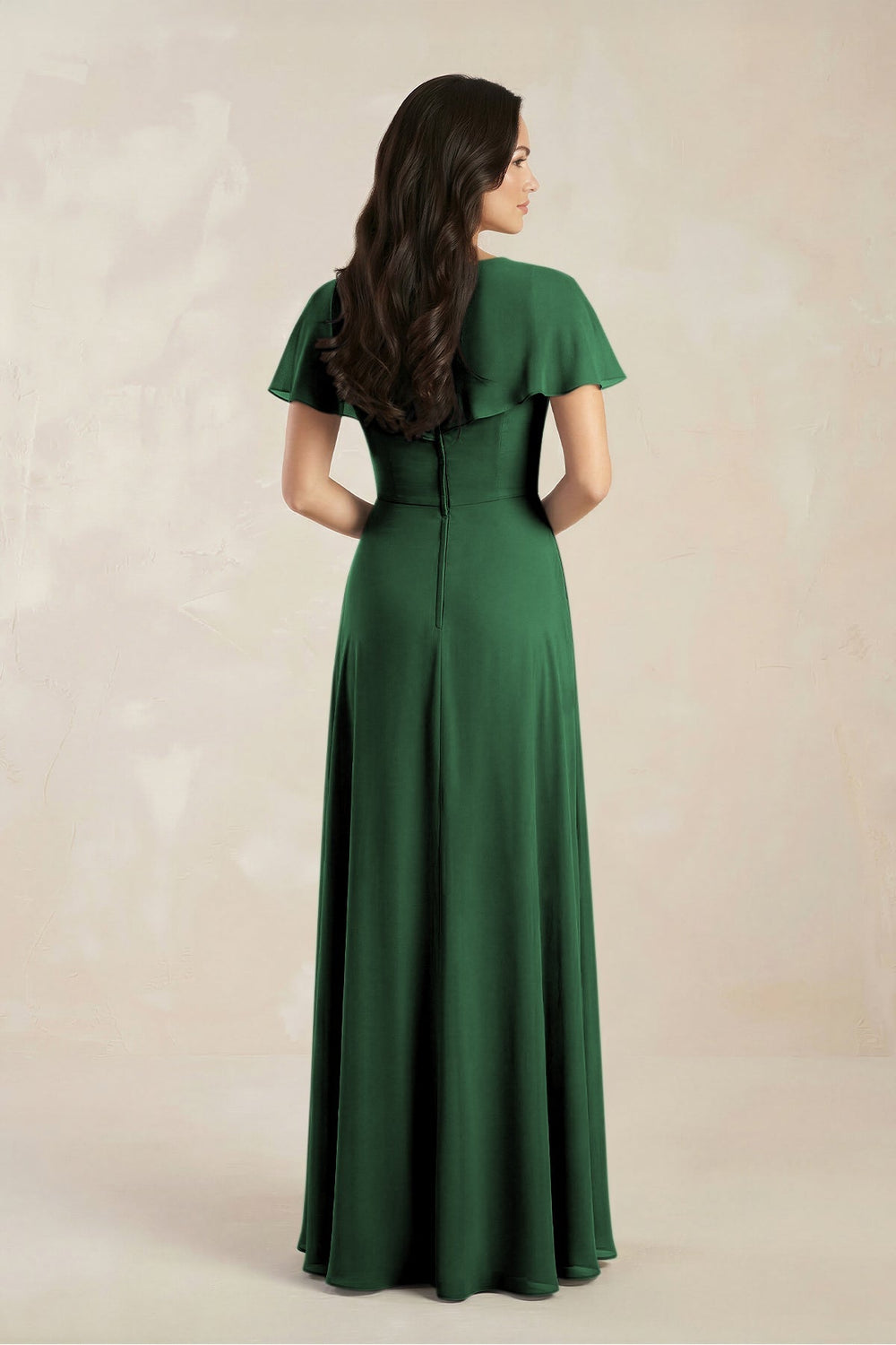 A - Line Short Sleeve Chiffon V - Neck Bridesmaid Dress in Dark Green - KissProm Bridesmaid Dresses