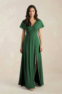 A - Line Short Sleeve Chiffon V - Neck Bridesmaid Dress in Dark Green - KissProm Bridesmaid Dresses