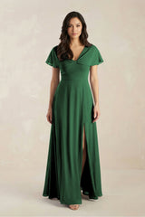A - Line Short Sleeve Chiffon V - Neck Bridesmaid Dress in Dark Green - KissProm Bridesmaid Dresses