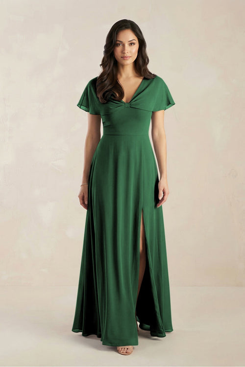 A - Line Short Sleeve Chiffon V - Neck Bridesmaid Dress in Dark Green - KissProm Bridesmaid Dresses