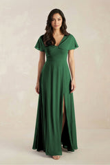 A - Line Short Sleeve Chiffon V - Neck Bridesmaid Dress in Dark Green - KissProm Bridesmaid Dresses