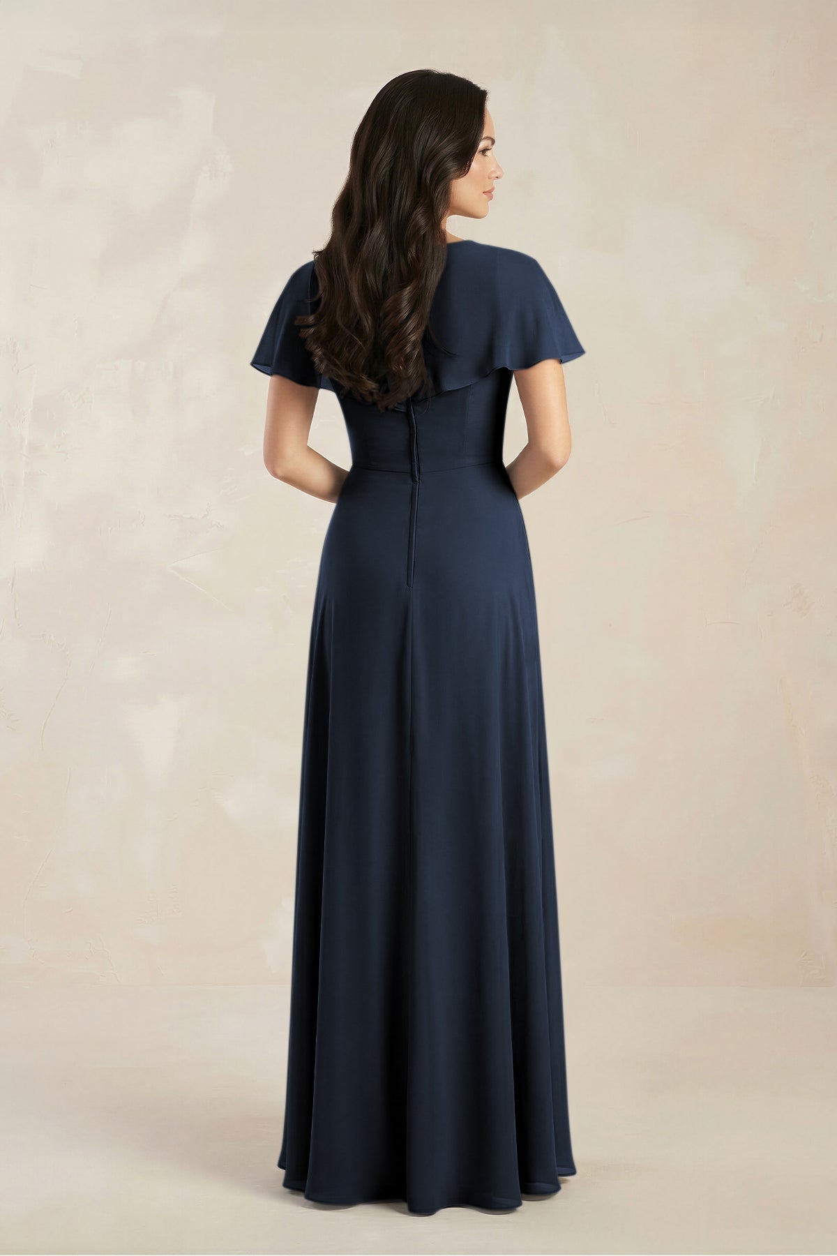 KissProm A-Line Short Sleeve Chiffon V-Neck Bridesmaid Dress in Dark Navy, Dark Navy / 22