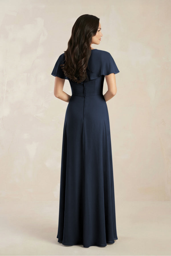 A - Line Short Sleeve Chiffon V - Neck Bridesmaid Dress in Dark Navy - KissProm Bridesmaid Dresses
