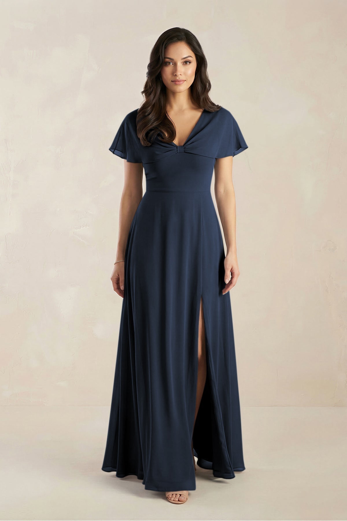 KissProm A-Line Short Sleeve Chiffon V-Neck Bridesmaid Dress in Dark Navy, Dark Navy / 22