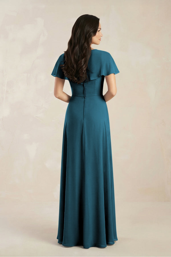 A - Line Short Sleeve Chiffon V - Neck Bridesmaid Dress in Dark Teal - KissProm Bridesmaid Dresses
