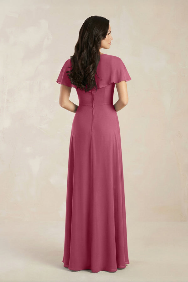 A - Line Short Sleeve Chiffon V - Neck Bridesmaid Dress in Desert Rose - KissProm Bridesmaid Dresses