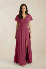 A - Line Short Sleeve Chiffon V - Neck Bridesmaid Dress in Desert Rose - KissProm Bridesmaid Dresses