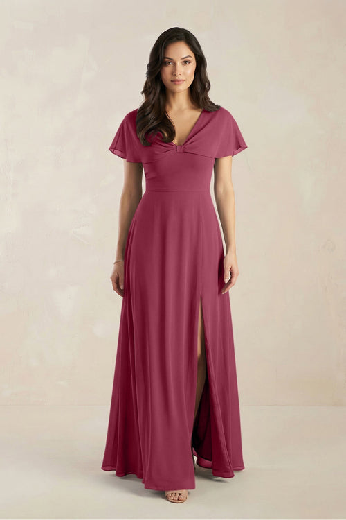 A - Line Short Sleeve Chiffon V - Neck Bridesmaid Dress in Desert Rose - KissProm Bridesmaid Dresses