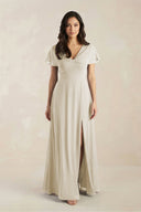 A - Line Short Sleeve Chiffon V - Neck Bridesmaid Dress in Dove Gray - KissProm Bridesmaid Dresses
