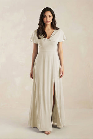 A - Line Short Sleeve Chiffon V - Neck Bridesmaid Dress in Dove Gray - KissProm Bridesmaid Dresses
