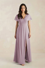 A - Line Short Sleeve Chiffon V - Neck Bridesmaid Dress in Dusk - KissProm Bridesmaid Dresses
