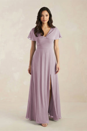 A - Line Short Sleeve Chiffon V - Neck Bridesmaid Dress in Dusk - KissProm Bridesmaid Dresses