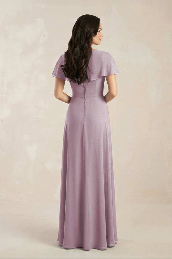 A - Line Short Sleeve Chiffon V - Neck Bridesmaid Dress in Dusk - KissProm Bridesmaid Dresses