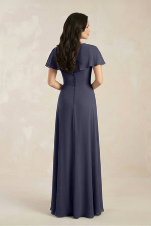A - Line Short Sleeve Chiffon V - Neck Bridesmaid Dress in Dusk Blue - KissProm Bridesmaid Dresses