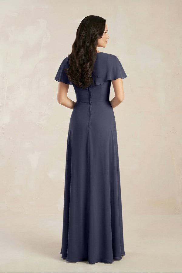 A - Line Short Sleeve Chiffon V - Neck Bridesmaid Dress in Dusk Blue - KissProm Bridesmaid Dresses