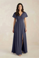 A - Line Short Sleeve Chiffon V - Neck Bridesmaid Dress in Dusk Blue - KissProm Bridesmaid Dresses