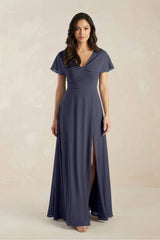A - Line Short Sleeve Chiffon V - Neck Bridesmaid Dress in Dusk Blue - KissProm Bridesmaid Dresses
