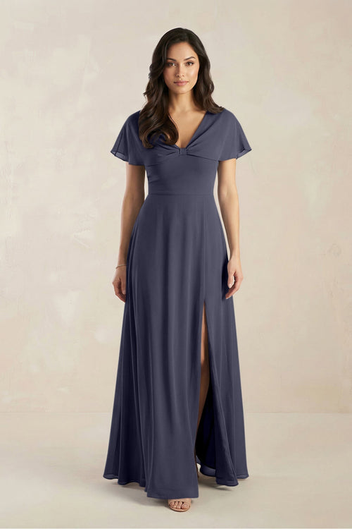A - Line Short Sleeve Chiffon V - Neck Bridesmaid Dress in Dusk Blue - KissProm Bridesmaid Dresses