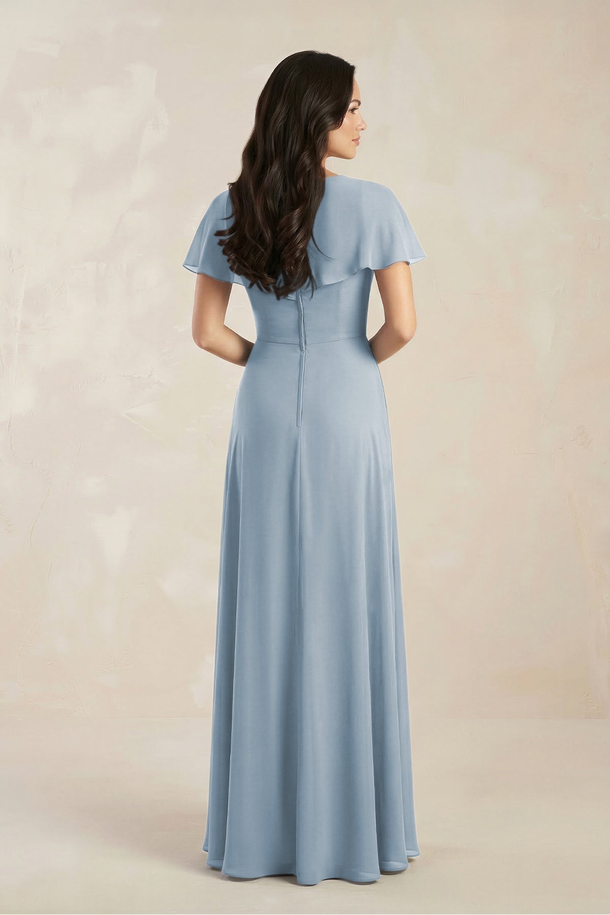 KissProm A-Line Short Sleeve Chiffon V-Neck Bridesmaid Dress in Dusty Blue, Dusty Blue / 24