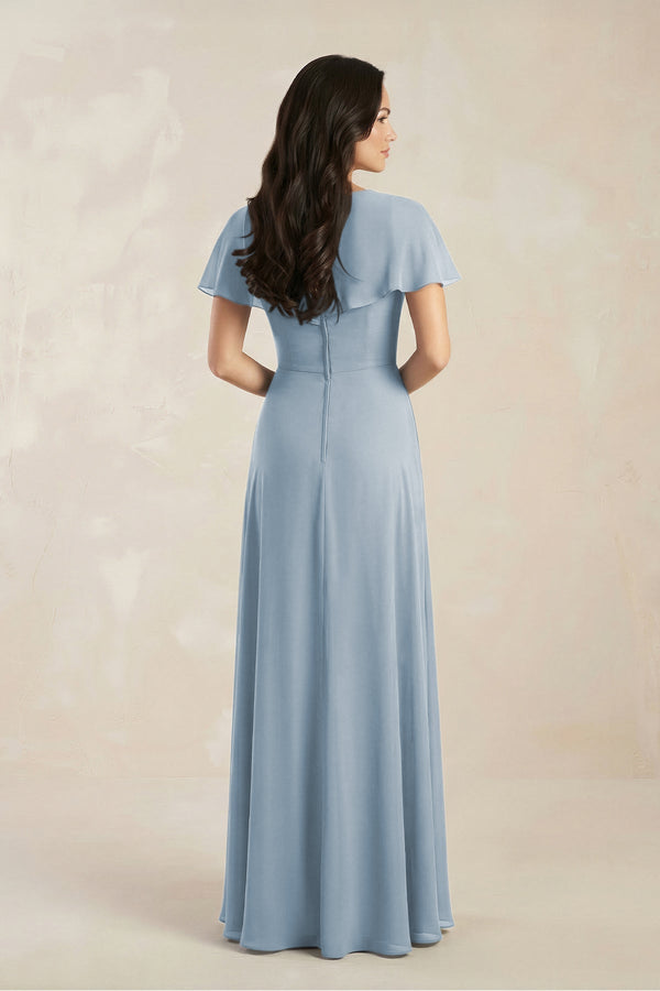 A - Line Short Sleeve Chiffon V - Neck Bridesmaid Dress in Dusty Blue - KissProm Bridesmaid Dresses