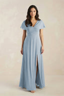 A - Line Short Sleeve Chiffon V - Neck Bridesmaid Dress in Dusty Blue - KissProm Bridesmaid Dresses