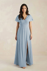 A - Line Short Sleeve Chiffon V - Neck Bridesmaid Dress in Dusty Blue - KissProm Bridesmaid Dresses