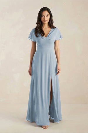 A - Line Short Sleeve Chiffon V - Neck Bridesmaid Dress in Dusty Blue - KissProm Bridesmaid Dresses