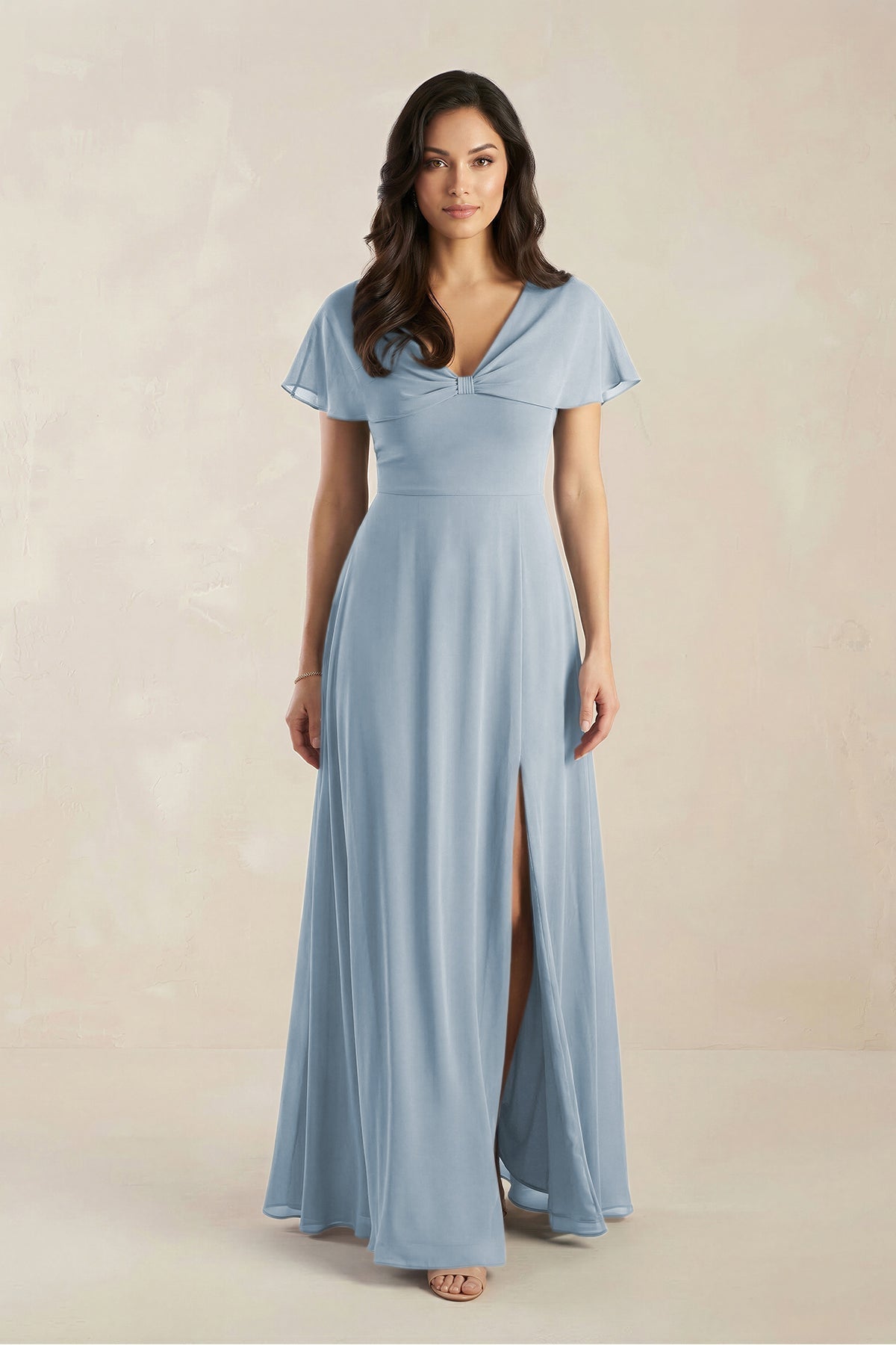 KissProm A-Line Short Sleeve Chiffon V-Neck Bridesmaid Dress in Dusty Blue, Dusty Blue / 24