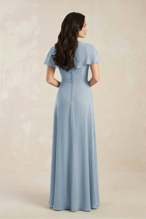 A - Line Short Sleeve Chiffon V - Neck Bridesmaid Dress in Dusty Blue - KissProm Bridesmaid Dresses