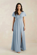 A - Line Short Sleeve Chiffon V - Neck Bridesmaid Dress in Dusty Blue - KissProm Bridesmaid Dresses