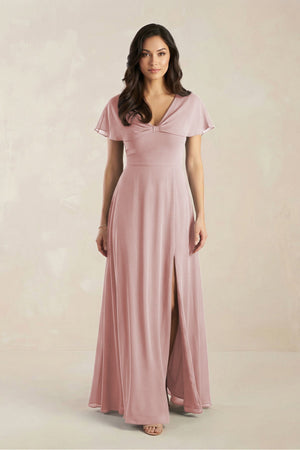 A - Line Short Sleeve Chiffon V - Neck Bridesmaid Dress in Dusty Rose - KissProm Bridesmaid Dresses