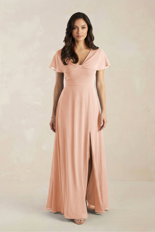 A - Line Short Sleeve Chiffon V - Neck Bridesmaid Dress in English Rose - KissProm Bridesmaid Dresses