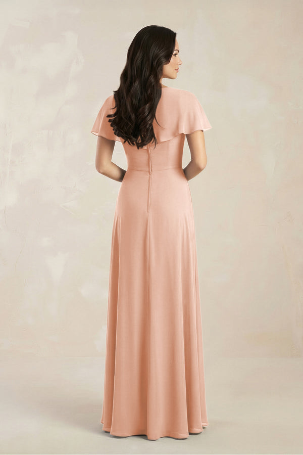 A - Line Short Sleeve Chiffon V - Neck Bridesmaid Dress in English Rose - KissProm Bridesmaid Dresses