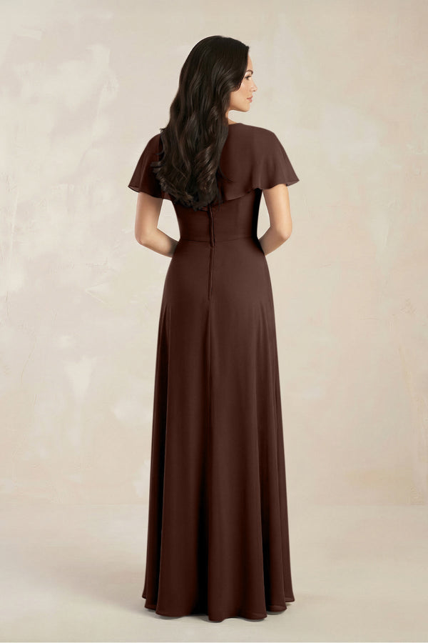 A - Line Short Sleeve Chiffon V - Neck Bridesmaid Dress in Espresso - KissProm Bridesmaid Dresses