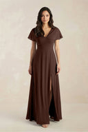 A - Line Short Sleeve Chiffon V - Neck Bridesmaid Dress in Espresso - KissProm Bridesmaid Dresses