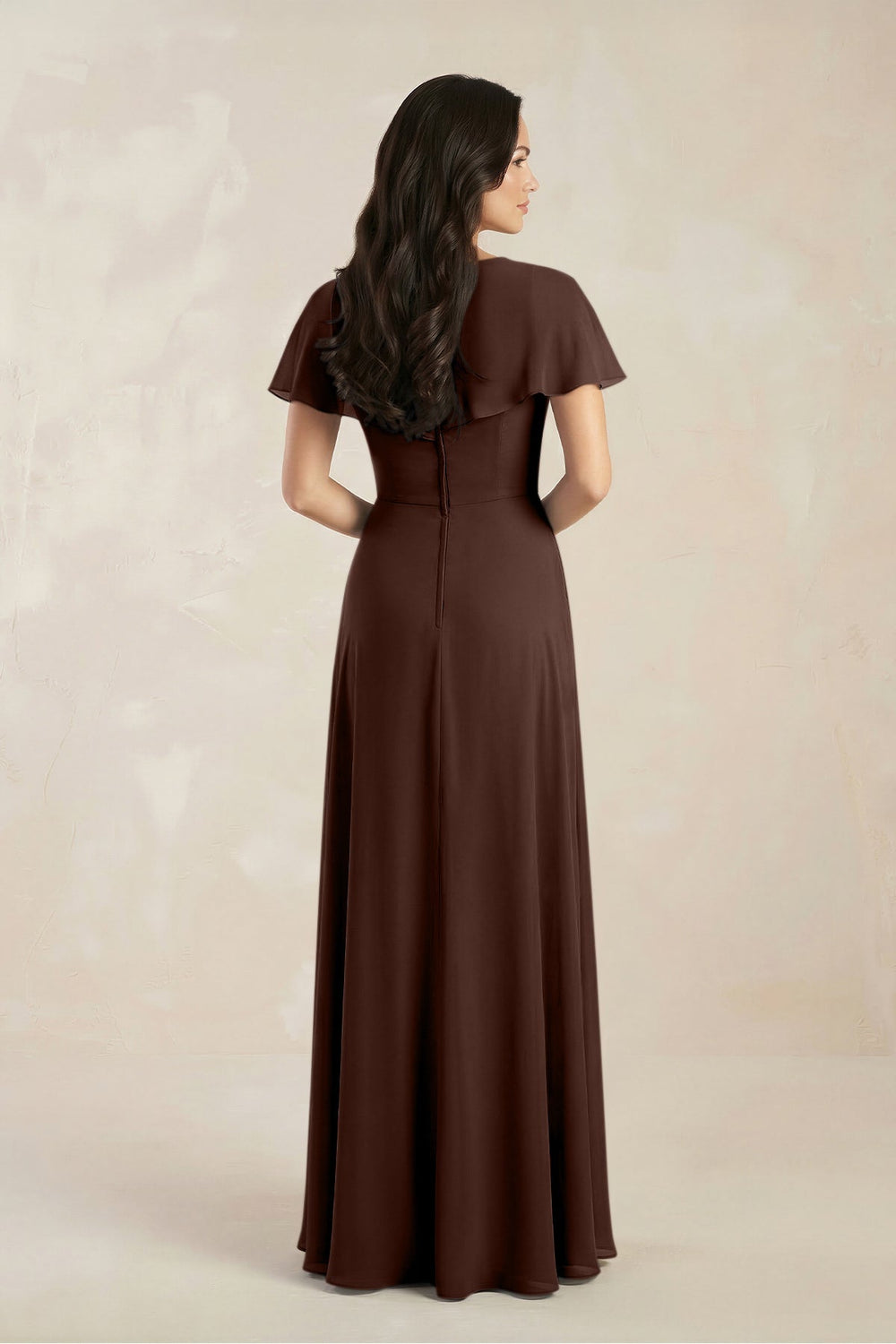 A - Line Short Sleeve Chiffon V - Neck Bridesmaid Dress in Espresso - KissProm Bridesmaid Dresses