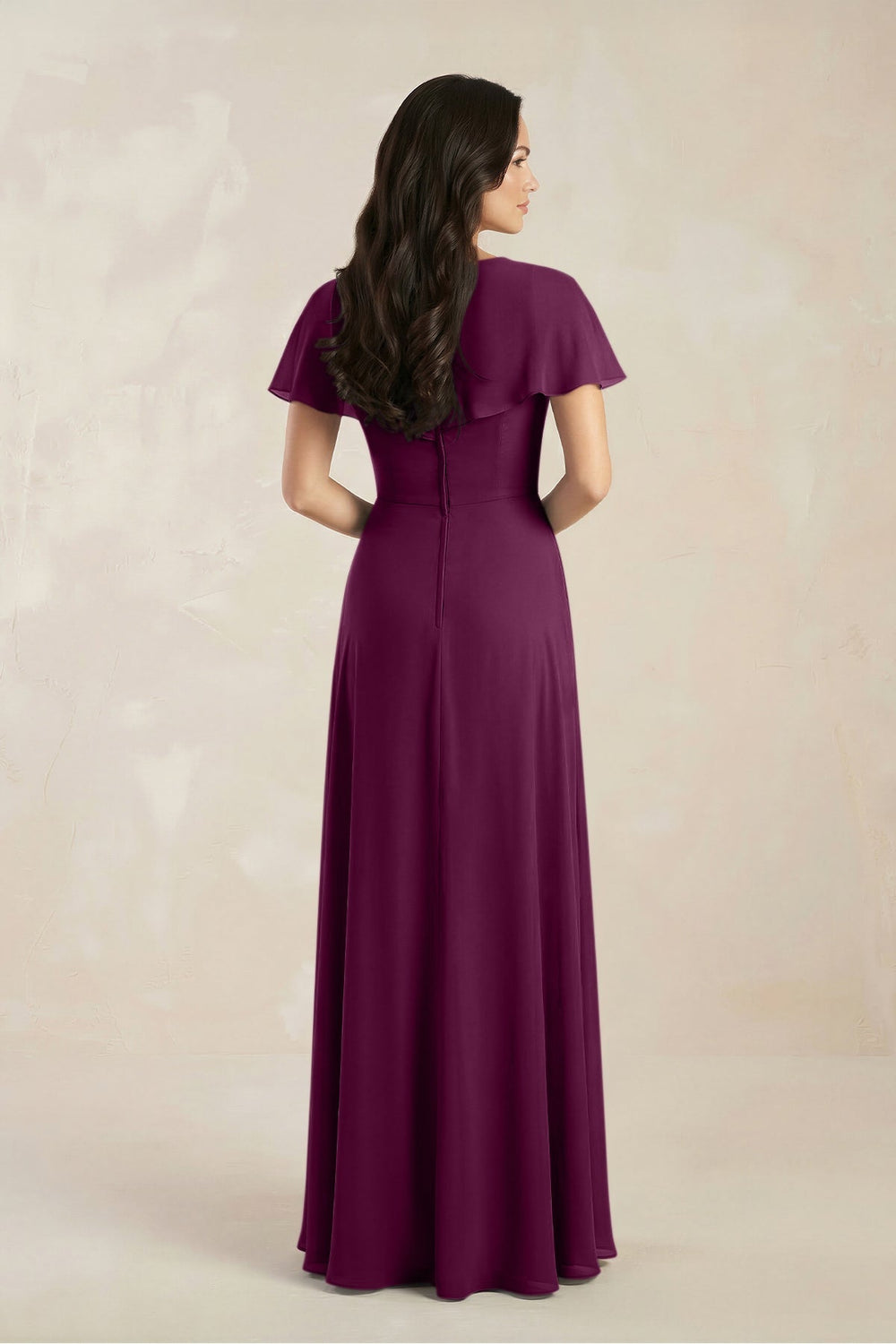 A - Line Short Sleeve Chiffon V - Neck Bridesmaid Dress in Fig - KissProm Bridesmaid Dresses