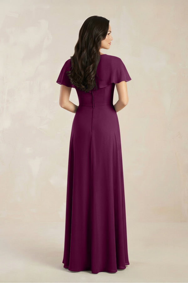 A - Line Short Sleeve Chiffon V - Neck Bridesmaid Dress in Fig - KissProm Bridesmaid Dresses