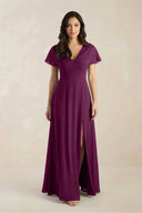 A - Line Short Sleeve Chiffon V - Neck Bridesmaid Dress in Fig - KissProm Bridesmaid Dresses