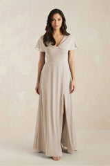 A - Line Short Sleeve Chiffon V - Neck Bridesmaid Dress in Frost - KissProm Bridesmaid Dresses
