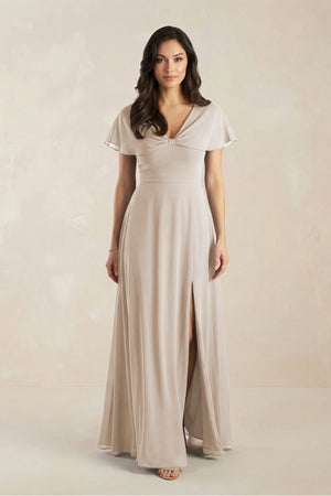 A - Line Short Sleeve Chiffon V - Neck Bridesmaid Dress in Frost - KissProm Bridesmaid Dresses