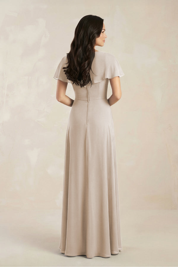 A - Line Short Sleeve Chiffon V - Neck Bridesmaid Dress in Frost - KissProm Bridesmaid Dresses