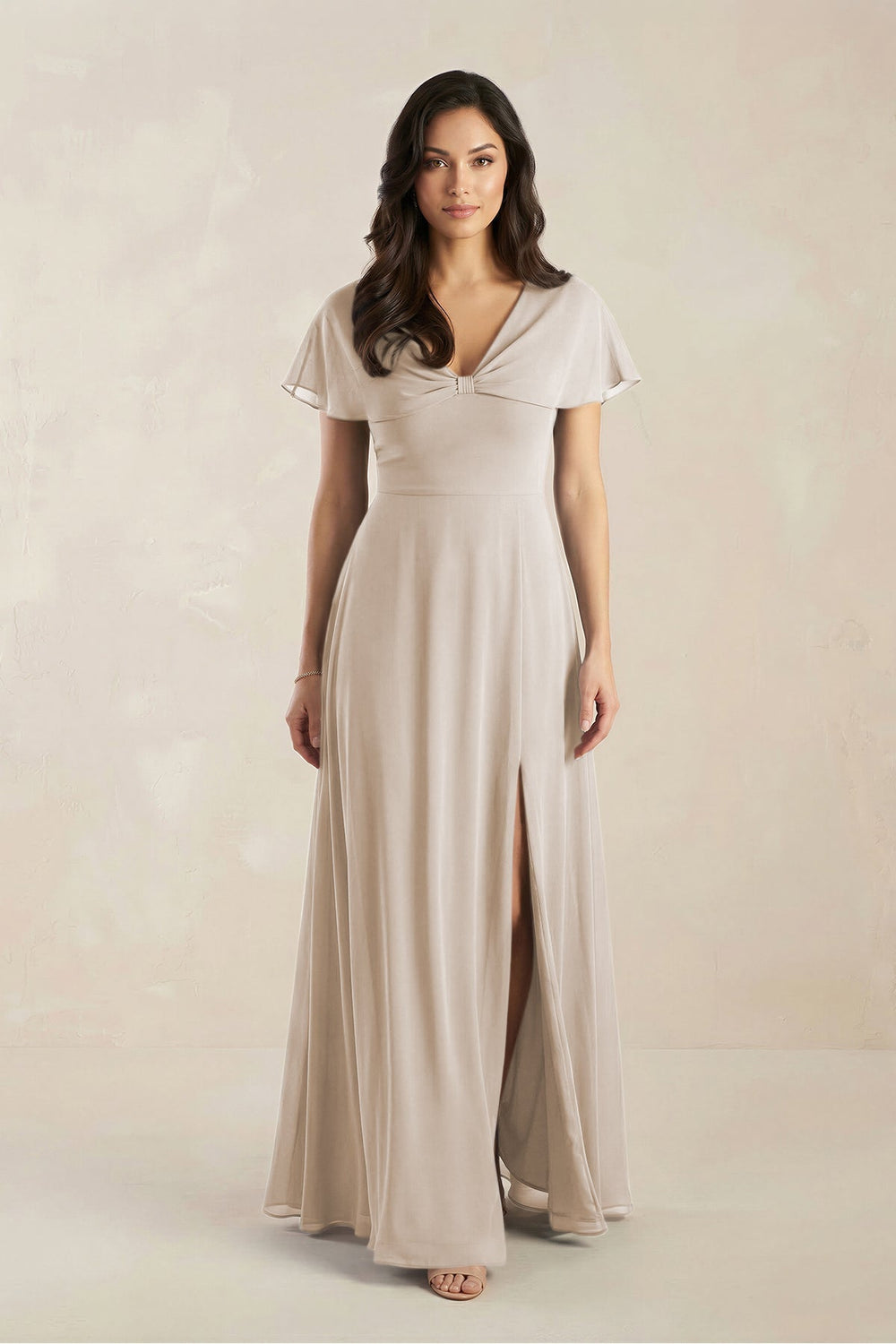 A - Line Short Sleeve Chiffon V - Neck Bridesmaid Dress in Frost - KissProm Bridesmaid Dresses