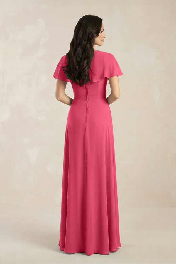 A - Line Short Sleeve Chiffon V - Neck Bridesmaid Dress in Fuchsia - KissProm Bridesmaid Dresses