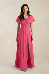 A - Line Short Sleeve Chiffon V - Neck Bridesmaid Dress in Fuchsia - KissProm Bridesmaid Dresses