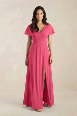 A - Line Short Sleeve Chiffon V - Neck Bridesmaid Dress in Fuchsia - KissProm Bridesmaid Dresses