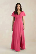 A - Line Short Sleeve Chiffon V - Neck Bridesmaid Dress in Fuchsia - KissProm Bridesmaid Dresses