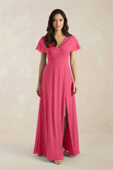 A - Line Short Sleeve Chiffon V - Neck Bridesmaid Dress in Fuchsia - KissProm Bridesmaid Dresses