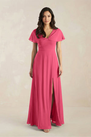 A - Line Short Sleeve Chiffon V - Neck Bridesmaid Dress in Fuchsia - KissProm Bridesmaid Dresses